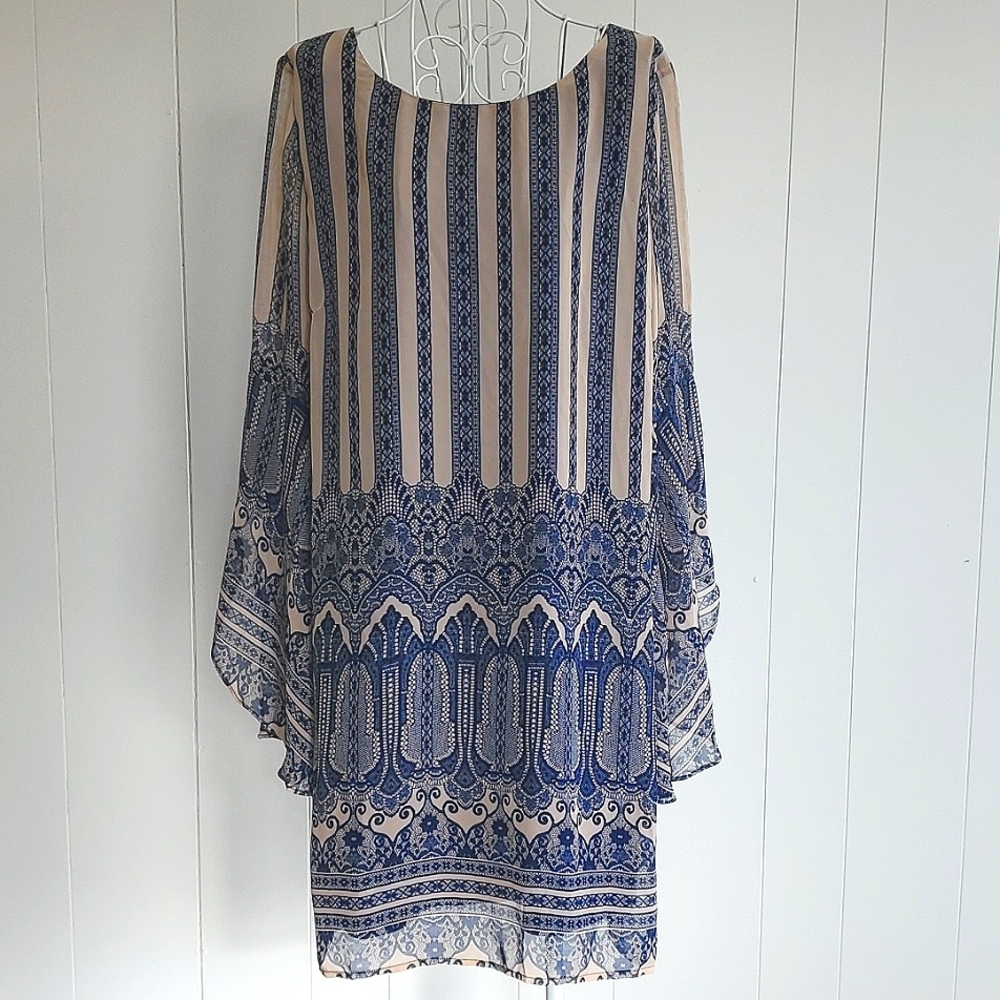 Pink Owl Blue Lace Print Tan Mini Dress Bell Sleeve Stripe Chiffon Size L